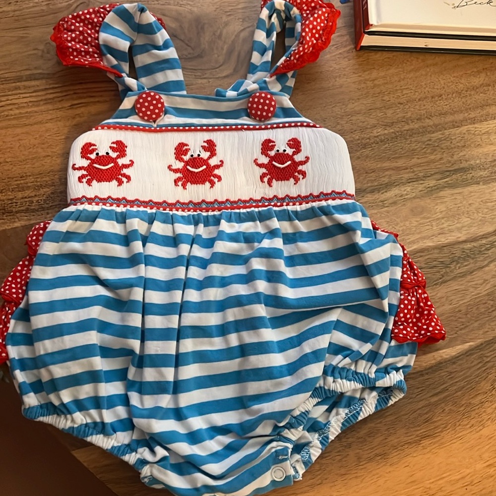 Crab smocked Striped Baby Bubble 3 months